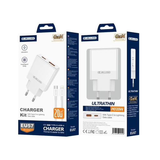 JELLICO fali töltő EU57 PD 20W 1xUSB-C + 1xUSB QC3.0 + kábel USB-C - Lightning Fehér