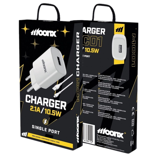 MOONX hálózati töltő adapter MC01 2.1A 10.5W 1xUSB + Lightning kábel Fehér