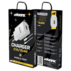 MOONX hálózati USB töltő adapter MC01 2.1A 10.5W 1xUSB + kábel USB-C Fehér