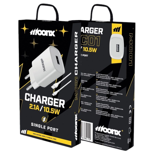 MOONX hálózati USB töltő adapter MC01 2.1A 10.5W 1xUSB + kábel USB-C Fehér
