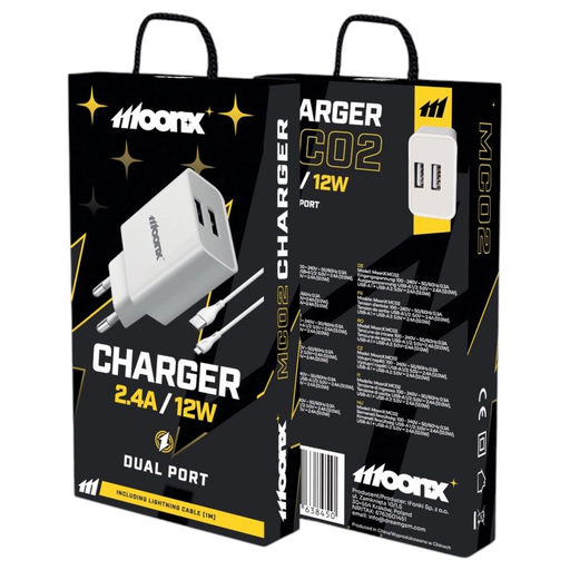 MOONX fali töltő MC02 2.4A 12W 2xUSB + Lightning kábel Fehér
