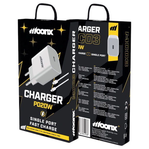 MOONX fali töltő MC03 PD 20W 1xUSB-C + kábel USB-C - Lightning Fehér