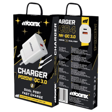 MOONX fali töltő MC04 PD 20W 1xUSB-C + 1xUSB QC3.0 + kábel USB-C - Lightning Fehér