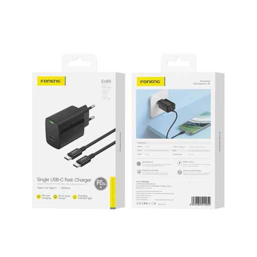 FONENG fali töltő EU65 PD 20W 1xUSB-C + kábel USB-C - USB-C Fekete