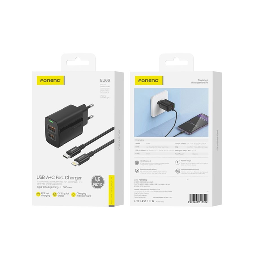 FONENG fali töltő EU66 PD 20W 1xUSB-C + 1xUSB QC3.0 + kábel USB-C - Lightning fekete