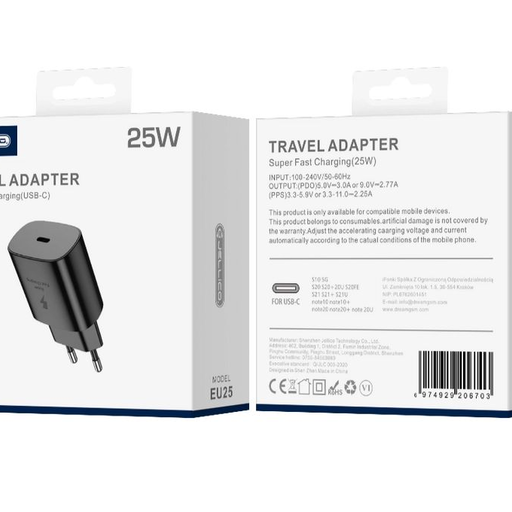 JELLICO hálózati töltő EU25 PD 25W 1xUSB-C Fekete