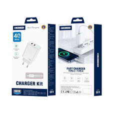 JELLICO fali töltő EU19 GaN PD 40W 2xUSB-C + kábel USB-C - USB-C Fehér
