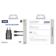 JELLICO hálózati töltő C35 PD 25W 1xUSB-C + kábel USB-C - USB-C Fekete