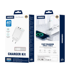 JELLICO fali töltő EU19 GaN PD 40W 2xUSB-C + USB-C - Lightning kábel Fehér