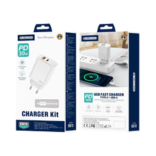 JELLICO hálózati töltő EU13 GaN PD 30W 1xUSB-C + 1xUSB QC3.0 + kábel USB-C - USB-C Fehér