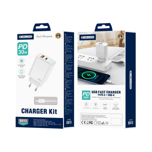 JELLICO hálózati töltő EU13 GaN PD 30W 1xUSB-C + 1xUSB QC3.0 + kábel USB-C - USB-C Fehér