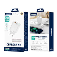 JELLICO fali töltő EU13 GaN PD 30W 1xUSB-C + 1xUSB QC3.0 + kábel USB-C - Lightning Fehér