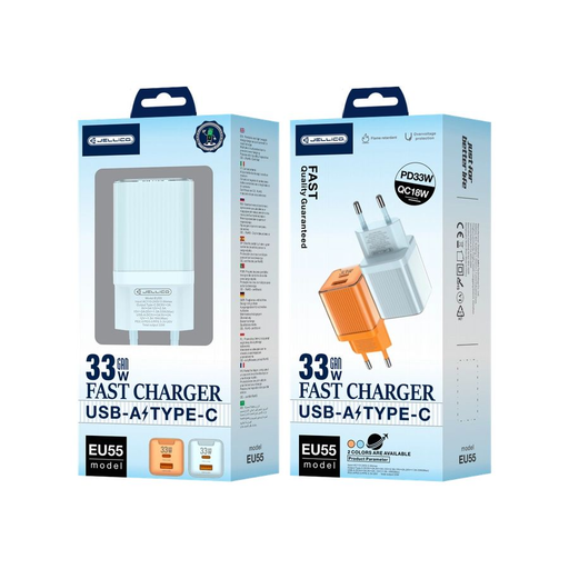 JELLICO fali töltő EU55 GaN PD 33W 1xUSB-C + 1xUSB QC3.0 Kék