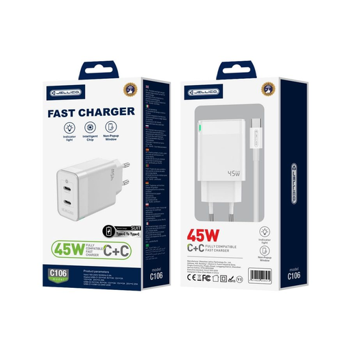 JELLICO fali töltő C106 GaN PD 45W 2xUSB-C + kábel USB-C - USB-C Fehér