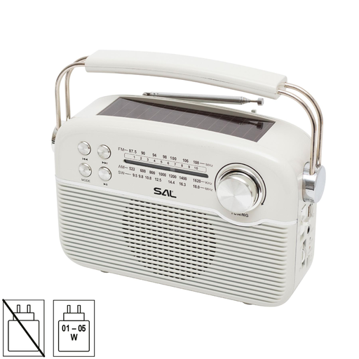 SAL RPR9 napelemes rádió multimédia lejátszóval, FM-AM-SW rádió, Bluetooth, USB és microSD csatlakozás, beépített akkumulátor