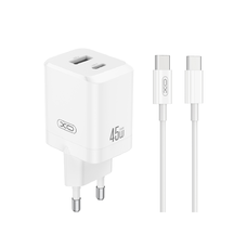 XO fali töltő CE36 PD 45W 1x USB-C 1x USB fehér + kábel USB-C - USB-C