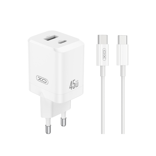 XO fali töltő CE36 PD 45W 1x USB-C 1x USB fehér + kábel USB-C - USB-C