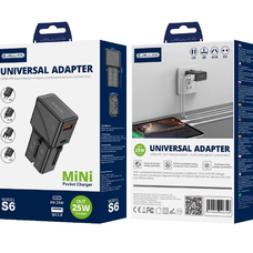 JELLICO univerzális utazó adapter S6 PD 25W 1xUSB-C + 1xUSB QC3.0 fekete