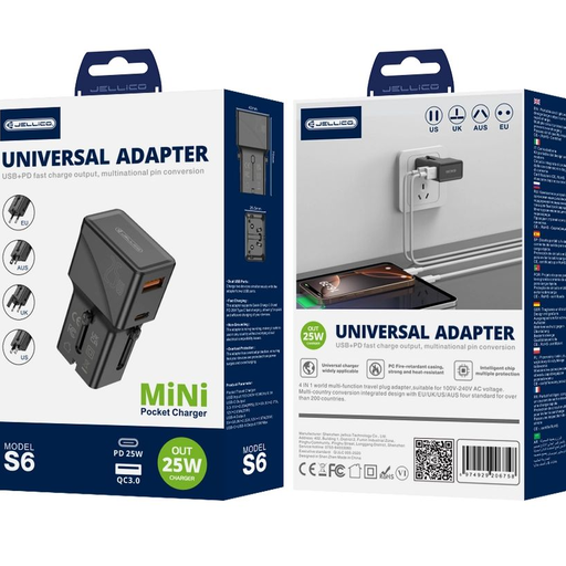 JELLICO univerzális utazó adapter S6 PD 25W 1xUSB-C + 1xUSB QC3.0 fekete