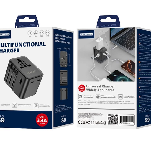 JELLICO univerzális utazó adapter S9 PD 2xUSB-C + 1xUSB 3.4A Max 2500W Fekete