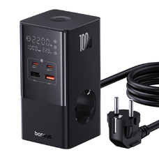  Baseus - Töltőállomás (E00023609113-00) - 2xUSB, 2xType-C, Schuko, LED kijelző, Gyors töltés 100W, 1.5m - Fekete