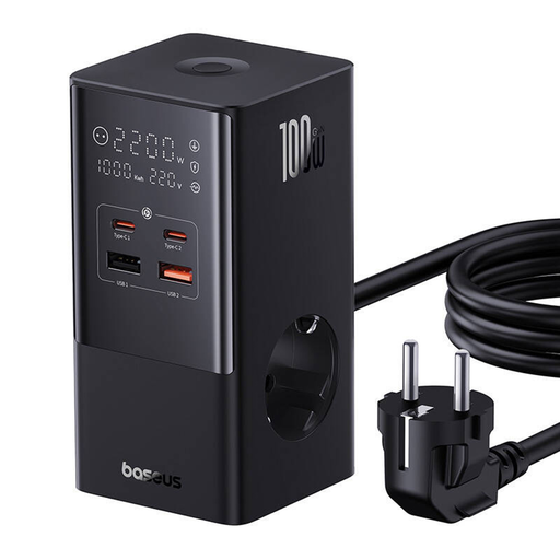  Baseus - Töltőállomás (E00023609113-00) - 2xUSB, 2xType-C, Schuko, LED kijelző, Gyors töltés 100W, 1.5m - Fekete