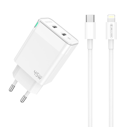JELLICO Hálózati töltő C106 GaN PD 45W 2xUSB-C + USB-C - Lightning kábel Fehér