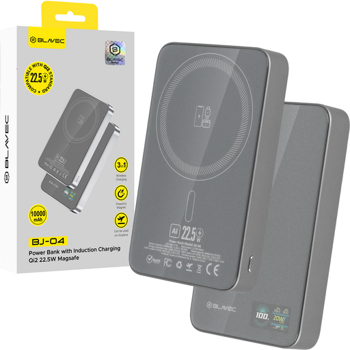 Blavec Power Bank 10000mAh BJ-04 Slim 13,5mm - Type C - 22,5W mágneses Magsafe 3 az 1-ben (PBBJ04-MC10G) szürke