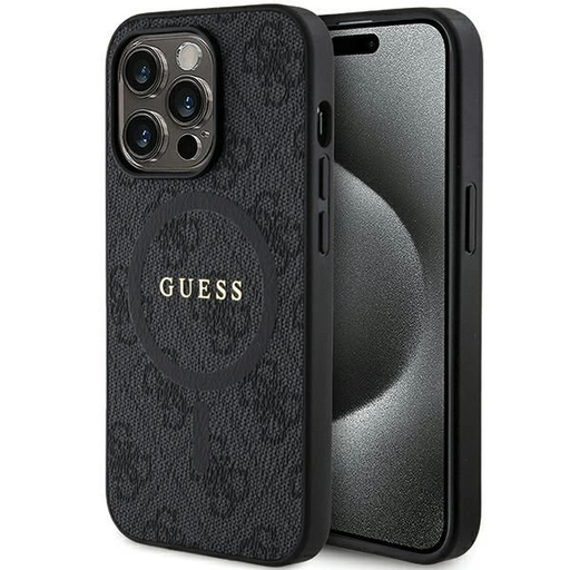 Guess 4G Collection Bőr Fém Logó MagSafe Tok iPhone 14 Pro Max - Fekete tok