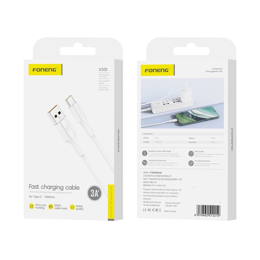 FONENG kábel XS01 USB-C 3A 1M Fehér