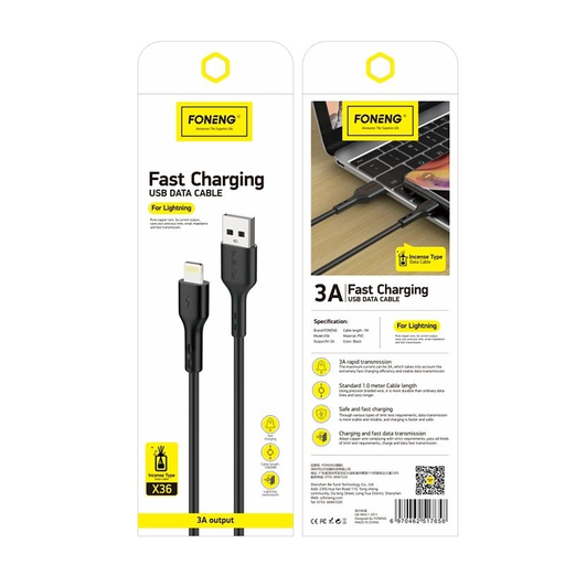 FONENG kábel X36 Lightning 2.4A 1M Fekete