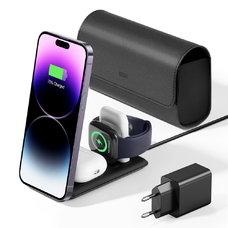  ESR - Prémium 3 az 1-ben Utazó Vezeték Nélküli Töltő Készlet (2C569) - Táska tartozékokkal, iPhone-hoz, MFi Apple Watch-hoz, AirPods-hoz, Qi2 15W - Fekete