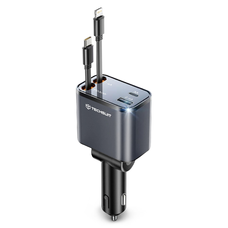 Techsuit - Prémium Autós Töltő LuxVolt (C1) - Visszahúzható USB-C és Lightning Kábelekkel, USB, USB-C, 120W, 180 Fokos Forgathatóság - Szürke