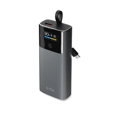 SBS 10000mAh PD 20W Powerbank, LCD kijelzős beépített USB-C kábellel - Szürke