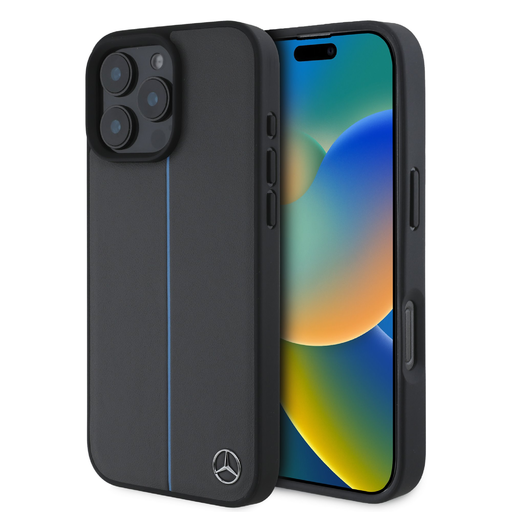 Mercedes Bőr Kék Csík MagSafe Tok iPhone 16 Pro-hoz Antracit Szürke tok Mercedes Bőr Kék Csík MagSafe Tok iPhone 16 Pro-hoz Antracit Szürke tok