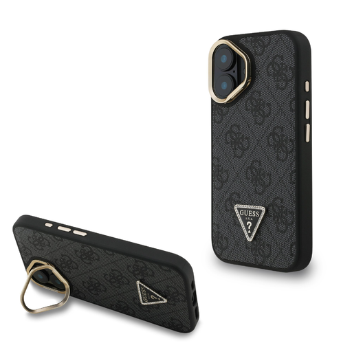 Guess PU 4G Strass háromszög logós állvány kamera keret MagSafe tok iPhone 16-hoz fekete tok Guess PU 4G Strass háromszög logós állvány kamera keret MagSafe tok iPhone 16-hoz fekete tok