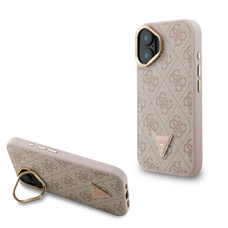 Guess PU 4G Strass Háromszög Logo Állvány Kamera Keretes MagSafe Tok iPhone 16 Rózsaszín
