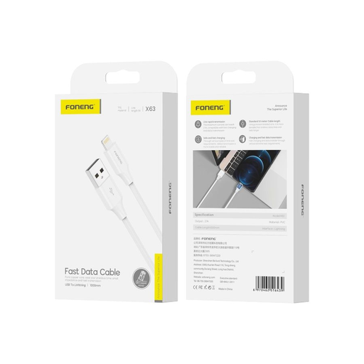 FONENG X63 Lightning USB kábel 2.1A 1M Fehér