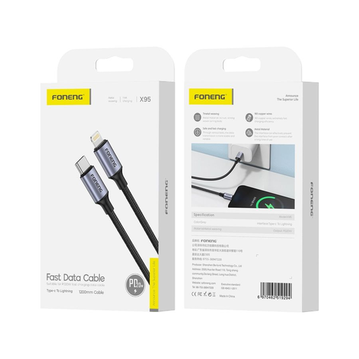 FONENG kábel X95 USB-C - Lightning PD 20W 1.2M Fekete