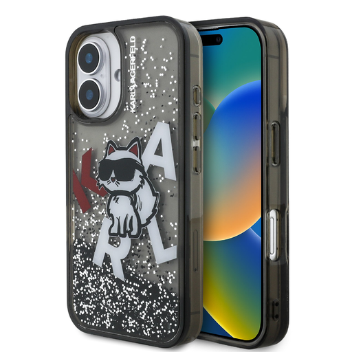 Karl Lagerfeld Liquid Glitter Scattered Choupette tok iPhone 16 fekete