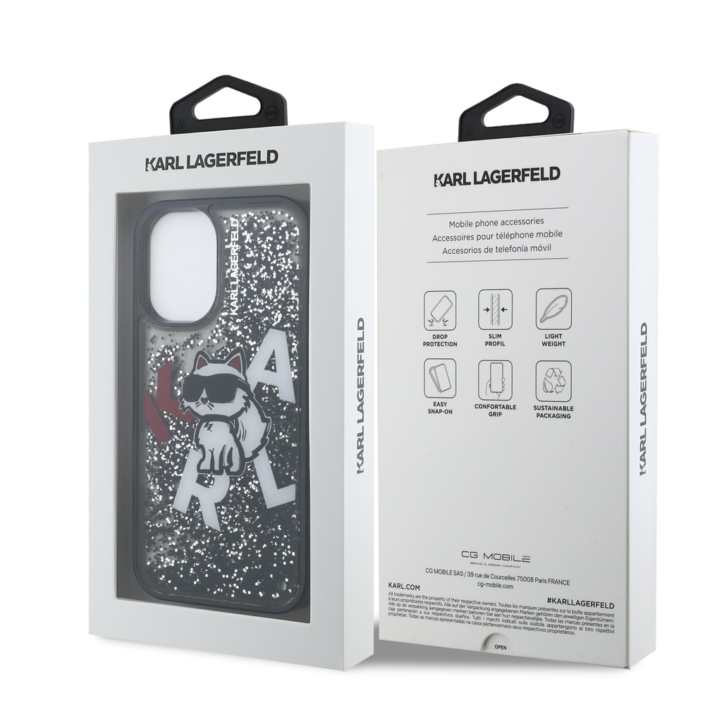  iPhone 16 fekete Karl Lagerfeld Liquid Glitter Scattered Choupette tok - 7
