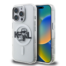 Karl Lagerfeld IML Glitter Karl and Choupette Sketch MagSafe tok iPhone 16 Pro-hoz átlátszó tok