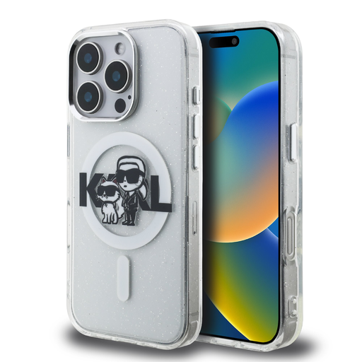 Karl Lagerfeld IML Glitter Karl and Choupette Sketch MagSafe tok iPhone 16 Pro-hoz átlátszó tok