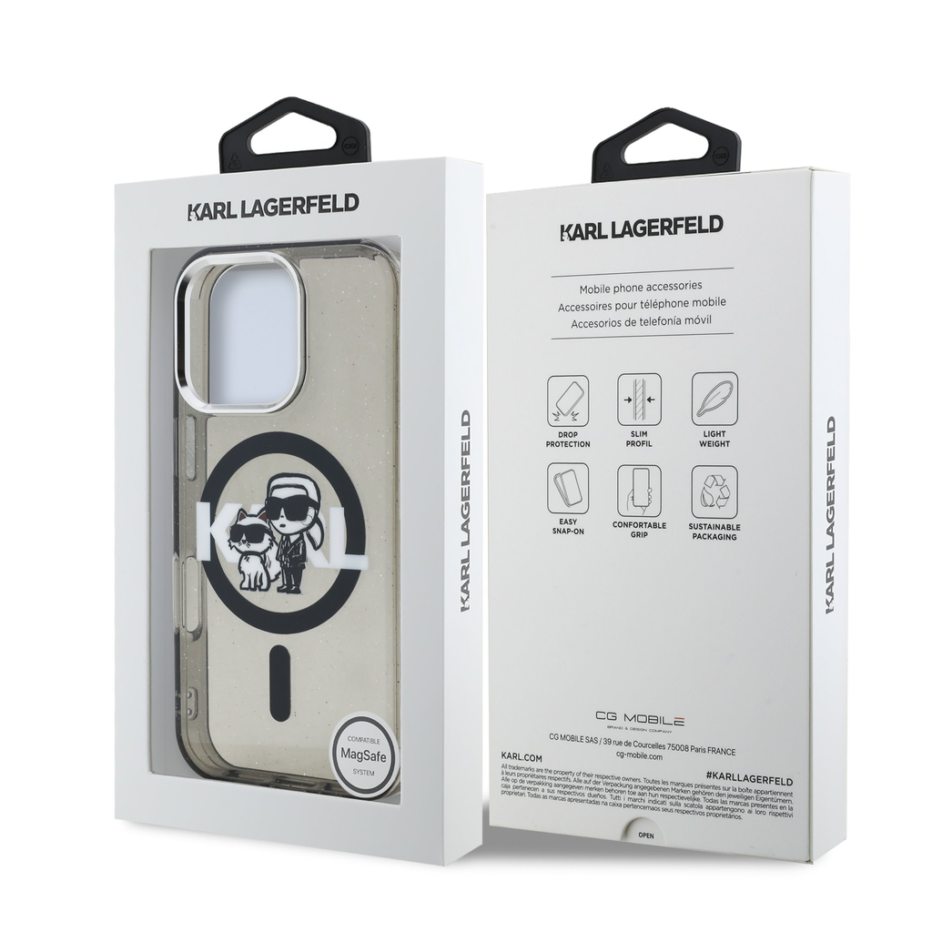  iPhone 16 Pro Fekete Karl Lagerfeld IML Glitter Karl and Choupette Sketch MagSafe tok - 7