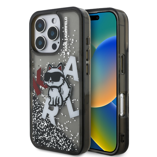 Karl Lagerfeld Liquid Glitter Szórt Choupette tok iPhone 16 Pro fekete