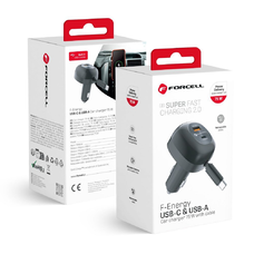 FORCELL F-ENERGY Alu autós töltő visszahúzható kábellel Type C és Type C + USB A aljzatokkal PD QC4.0 SFC2.0 3A 75W fekete