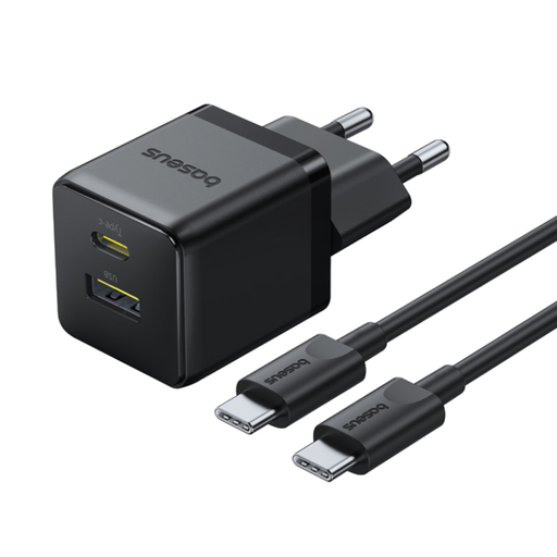 Baseus - Fali töltő Palm (P1011160A113-01) - Type-C kábellel, Gyors töltés, 2 az 1-ben, USB, USB-C, 30W, 20V/3A - Csoportos Fekete