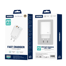 JELLICO fali töltő EU13 GaN PD 30W 1xUSB-C + 1xUSB QC3.0 Fehér