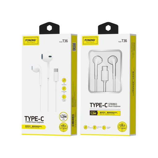 FONENG vezetékes fülhallgató T36 USB-C mikrofonnal 1.2M Fehér