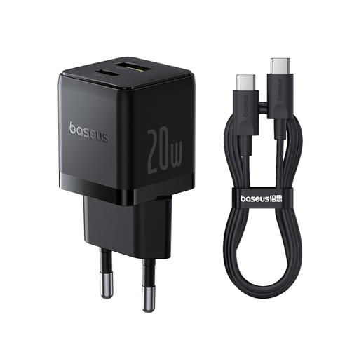 Baseus - Fali töltő Palm (P10111608113-01) - 2 az 1-ben Gyors töltő, USB, USB-C, Type-C kábel, 20W, 5V/3.0A, 1m - Fekete klaszter